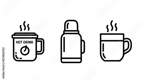 Hot drink icons: steaming mug, thermos, hot beverage cup, representing warmth, comfort, and refreshing drinks in a minimalist line art style.