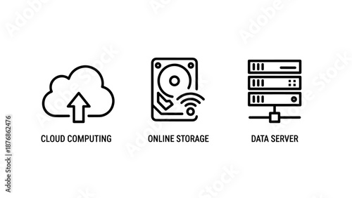 Modern outline icons representing cloud computing, online storage, and data server infrastructure for digital technology and IT concepts.
