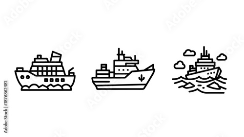 Simple outline illustrations of ships and boats: a cruise liner, cargo vessel, and ship navigating rough seas, ideal for maritime themes.