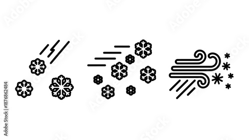 Winter weather icons depicting snow, wind, and snowflakes in a dynamic, modern outline style, perfect for weather forecasts.