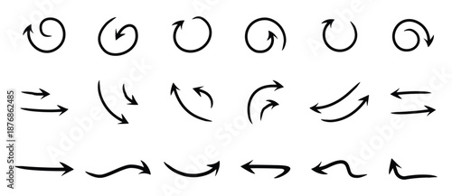 Arrow icons set in flat style. Curved arrows. Arrow sign, direction, rotation, up, upward, down, upward arrow symbols, vector illustrations on a transparent background.