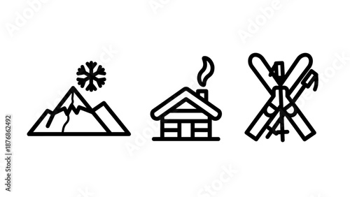 Winter mountain scene icons: a snowy peak with snowflake, cozy cabin with smoke, and crossed skis with poles, representing alpine activities.