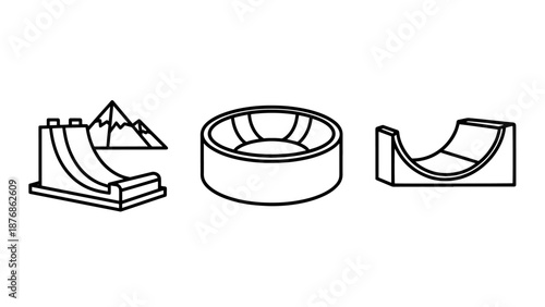 Winter sports icons: Ski jump with mountains, snowpark halfpipe, and circular ramp.