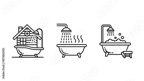 Bath icons: Bathtub with shower, steaming tub with showerhead, and bubbly bath with stool.