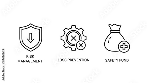 Financial risk icons: Shield with downward arrow, gear with cross, and money bag with plus sign.