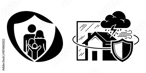 Family and home insurance coverage icons featuring property protection and natural disaster security symbols