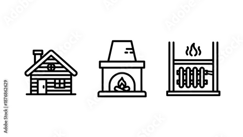 Home heating icons: Log cabin with chimney, fireplace with flames, and radiator with steam.