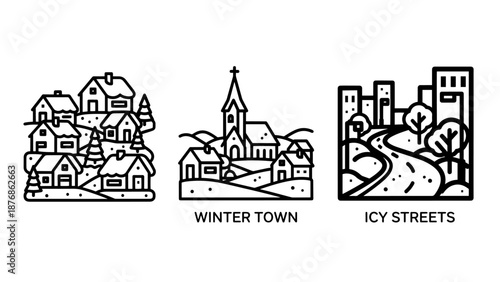 Winter village icons: Houses on hill, church, and city skyline with trees and icy streets.