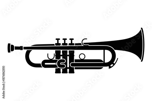 Silhouette graphic showcasing the iconic side profile of a classic brass trumpet featuring three prominent piston valves and flared bell for musical performance.