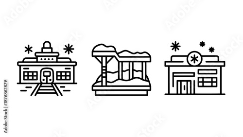Winter Transportation and Architecture Icons: Snow-Covered Train Station, Bridge, and Building Outline Illustrations