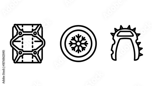 Winter Gear and Safety Equipment Icons: Tire Chains, Snowflake Symbol, and Outdoor Crampons Outline
