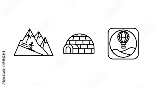 Winter Sports and Unique Travel Adventure Icons: Mountain Skier, Igloo Home, and Hot Air Balloon Flight Outline