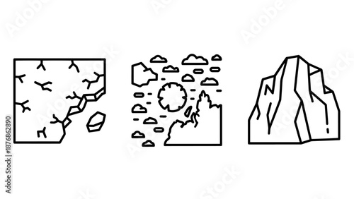 Geological Formations and Earth Science Icons: Cracked Terrain, Asteroid Impact Crater, and Rugged Mountain Range Outline