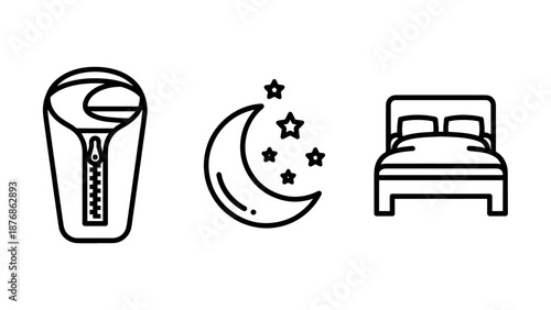 Rest and Sleep Icons: Cozy Sleeping Bag, Night Sky Moon with Stars, and Comfortable Bed Outline