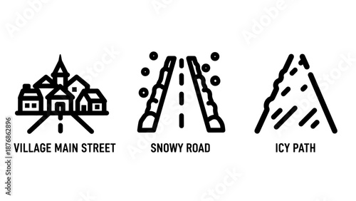 Winter Road Conditions and Village Scene Icons: Main Street, Snowy Path, and Icy Track Line Art