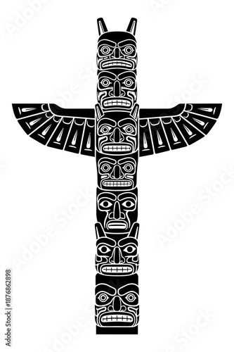 Detailed black and white illustration of a towering, intricately carved indigenous totem pole featuring stacked mythical animal and ancestral figures.