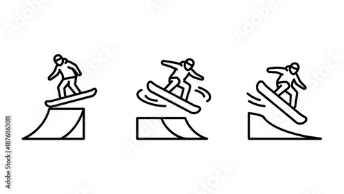 Dynamic line art icons showing a snowboarder in action, performing various jumps and tricks on a ramp in winter sports.