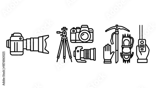 Comprehensive line art icons for professional photography gear and essential mountaineering equipment for extreme outdoor adventures.