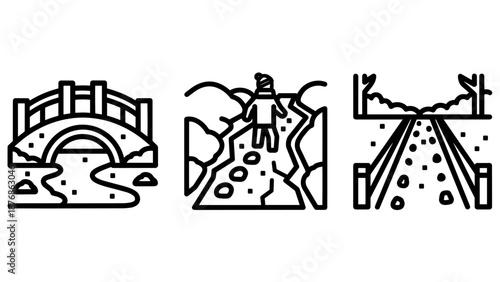 Diverse line art icons featuring an arched bridge, a person traversing cracked terrain, and a winding path, symbolizing journeys and challenges.
