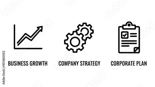 Modern line art icons symbolizing business growth, company strategy development, and corporate planning for financial success.
