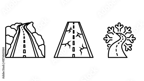 Scenic line art icons illustrating diverse roads, from winding mountain paths and cracked asphalt to snowy winter routes for travel.
