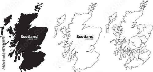 Scotland map illustrations in black and white solid and line art geographic outline detailed vector graphics
