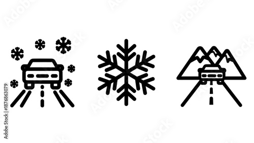 Modern line art icons featuring a car driving in snowy conditions, a delicate snowflake, and a vehicle traveling on a mountain road.