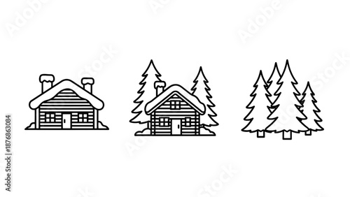 Charming line art icons showcasing cozy winter cabins and serene pine trees, evoking a sense of snowy wilderness and holiday retreats.