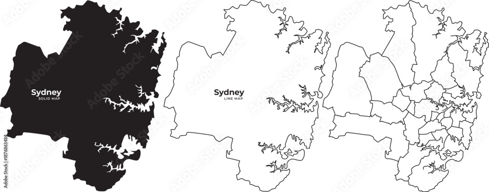 Naklejka premium Detailed sydney city and suburbs maps in black and white line styles for navigation and planning purposes
