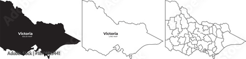 Detailed victoria australia map illustrations in black and white with labeled regions