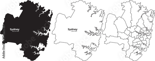 Detailed sydney city and suburbs maps in black and white line styles for navigation and planning purposes