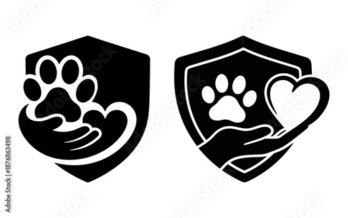 Pet insurance and love symbols featuring paw prints and hearts inside security shields