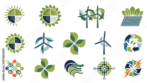 Renewable Energy Vector Illustration Showing Wind Turbines Solar Panels Green Leaves And Sustainable Eco Power Concept For Future Technology
