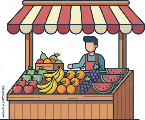 Fruit market stall vector illustration, street vendor selling fresh organic apples bananas oranges grapes watermelon, local grocery shop business concept