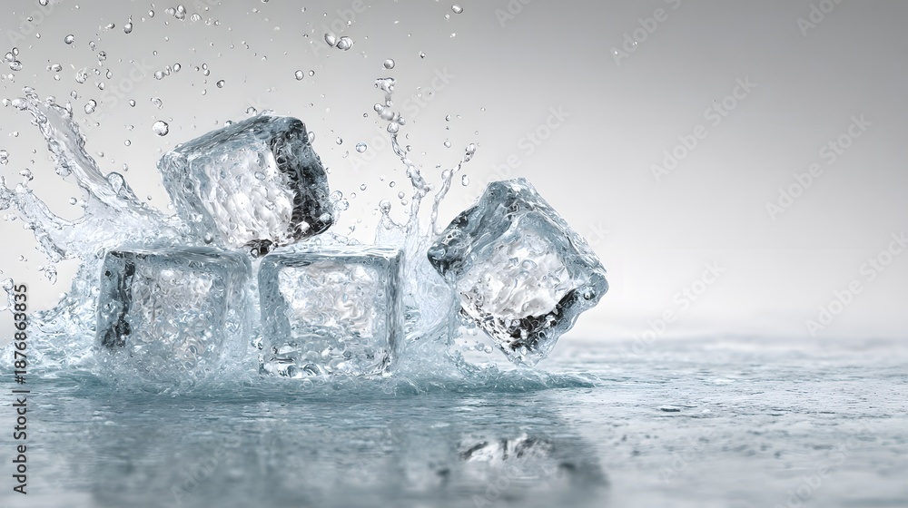 Obraz premium Dynamic Water Splash with Ice Cubes on a Light Gradient Background