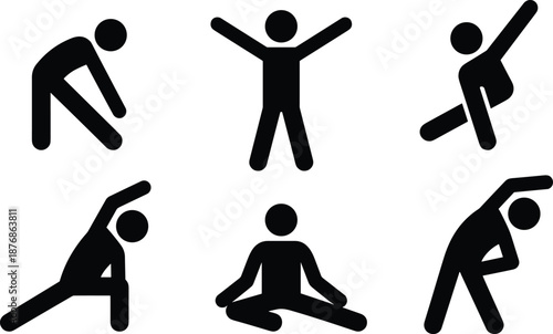 Stretching, exercises, stick, figure, icons, set, yoga, poses, fitness, gym, workout, flexibility, warming, up, silhouette, training, health, lifestyle, vector, graphics.