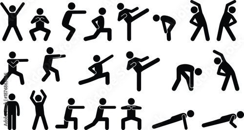 Stick, figure, exercise, icons, set, fitness, workout, poses, stretching, yoga, gym, training, flexibility, silhouette, pictogram, health, wellness, vector, illustration, graphics.