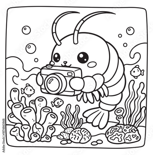 Cute underwater world coloring page for kids, funny sea animals line art, 2D vector illustration