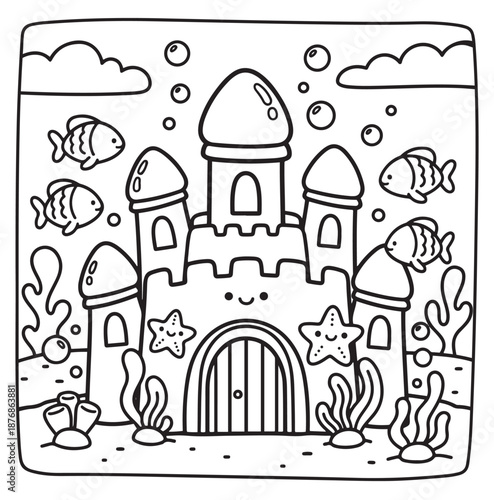 Cute underwater world coloring page for kids, funny sea animals line art, 2D vector illustration
