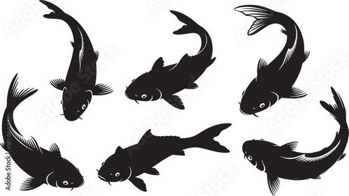 Black and white vector illustration set featuring a flying dragon, wild birds with spread wings, and a nature collection of animal silhouettes including a cat, fish, dinosaur,