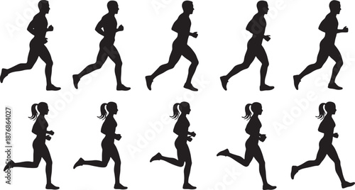 Black vector silhouettes of a woman and girl running with a soccer ball in an athletic sports competition illustration showing people in action as football players on a team