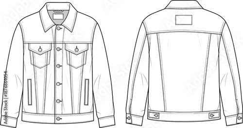 Mens denim jacket technical fashion sketch front back view cad drawing flat vector illustration apparel design template production mockup