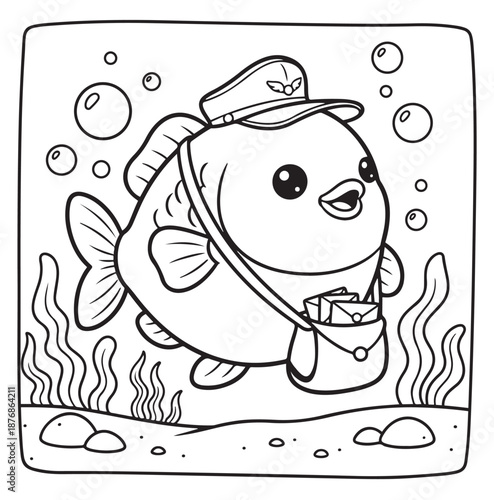 Cute underwater world coloring page for kids, funny sea animals line art, 2D vector illustration