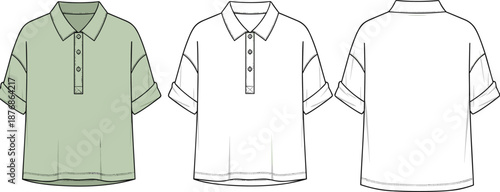 Mens polo shirt technical fashion sketch front back views cad drawing flat vector illustration apparel design template casual menswear