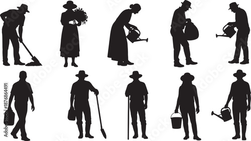 Set of black vector silhouettes featuring women, men, and families in fashion dresses or business style walking with shopping bags and showcasing various body outlines and group poses in art