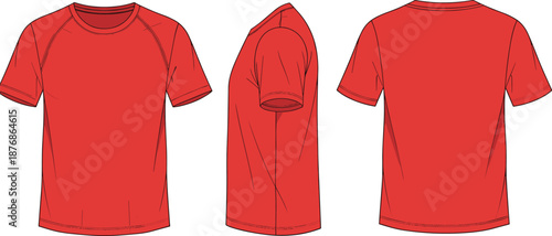 Red sports t shirt technical front side and back views apparel template for fashion production cad drawing flat vector illustration
