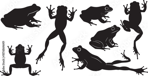 Set of cute cartoon animal silhouettes and vector illustrations featuring green frogs, reptiles, and amphibians for nature wildlife design