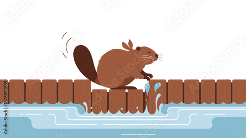 Cartoon Beaver Leaping Over Wooden Dam In Water Illustration Design