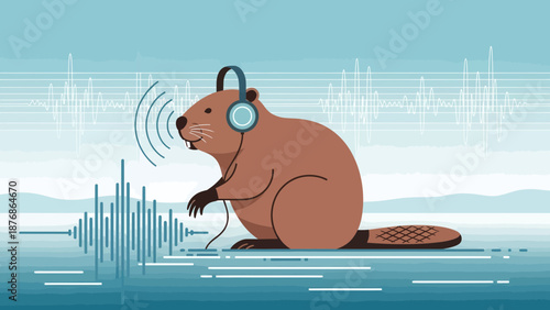 Cartoon Beaver Listening To Music With Headphones And Sound Waves Graphic