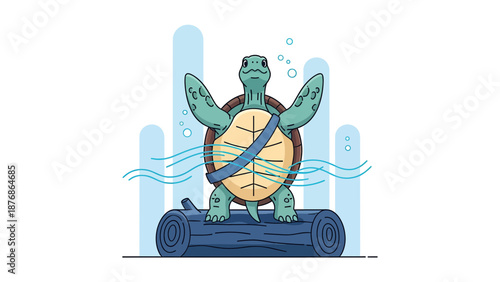 Cartoon Turtle Rafting On A Log Through Calm Waters In A Vector Illustration